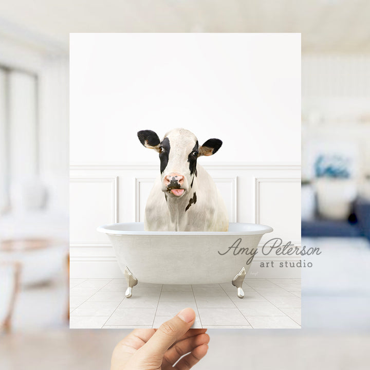 a cow sticking its head out of a bathtub