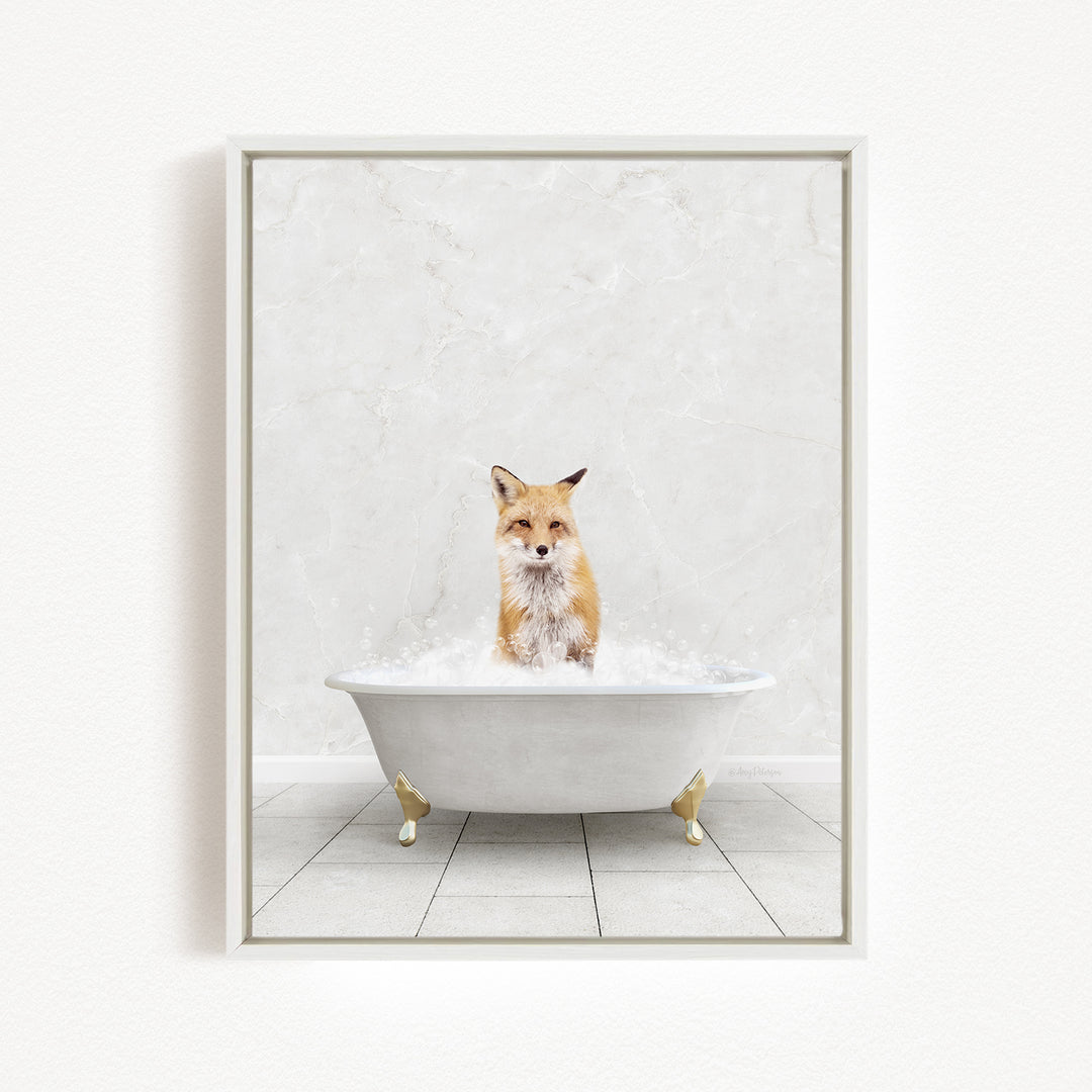 A fox is sitting in a white bathtub filled with water, creating a whimsical and playful scene.