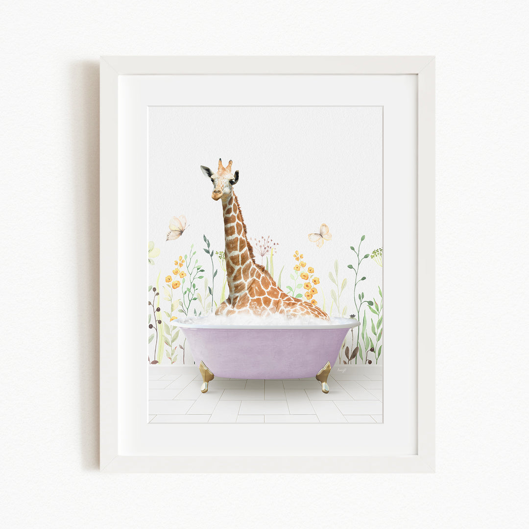 A giraffe sitting in a purple bathtub filled with bubbles, surrounded by flowers and butterflies.