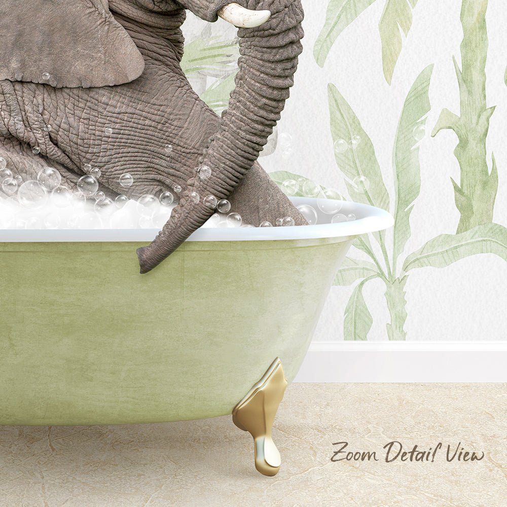 A large elephant is sitting in a green bathtub filled with bubbles, with a tropical plant wallpaper in the background.