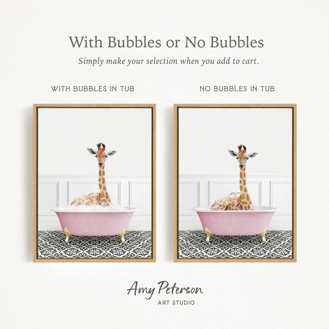 The image is a collage of two pictures featuring a giraffe sitting in a pink bathtub. The text above the images reads "With Bubbles or No Bubbles" and below the images, it says "Simply make your selection when you add to cart."