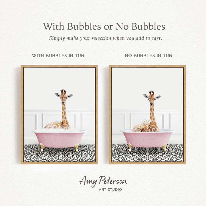 The image is a collage of two pictures featuring a giraffe sitting in a pink bathtub. The text above the images reads "With Bubbles or No Bubbles" and below the images, it says "Simply make your selection when you add to cart."