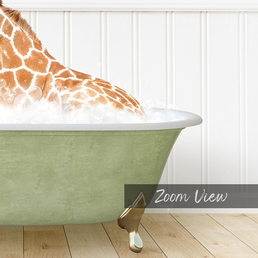 A giraffe is sitting in a green bathtub filled with water, creating a whimsical and playful scene.