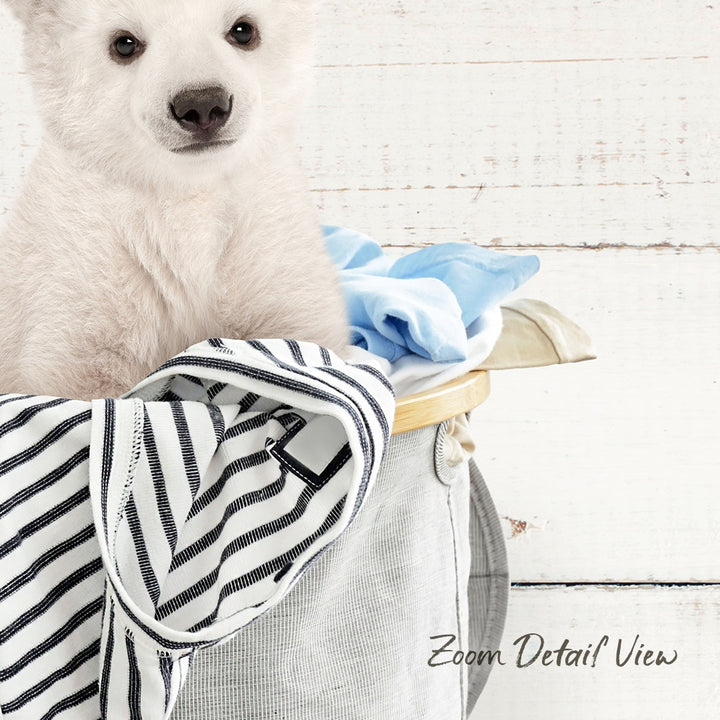 A cute white puppy is sitting in a basket filled with clothes, with a wooden wall in the background.
