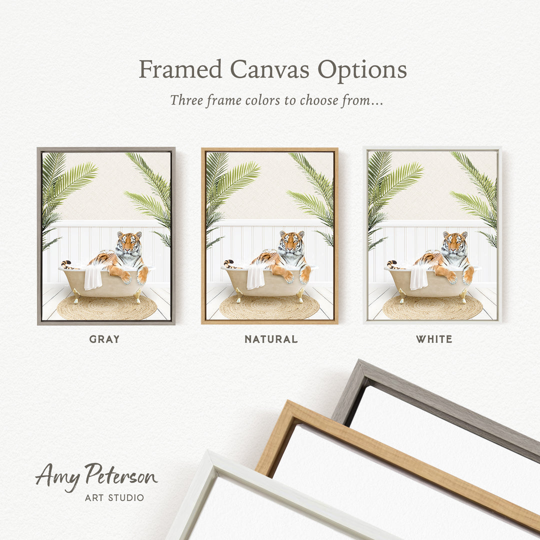 three framed canvas options, each featuring a tiger sitting in a bathtub surrounded by tropical plants. The options include a gray frame, a natural frame, and a white frame.