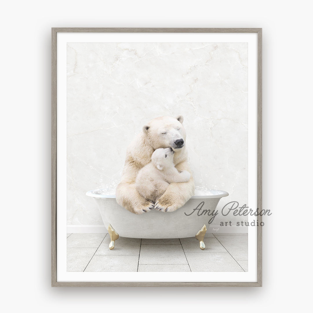 a polar bear and her cub are sitting in a bathtub