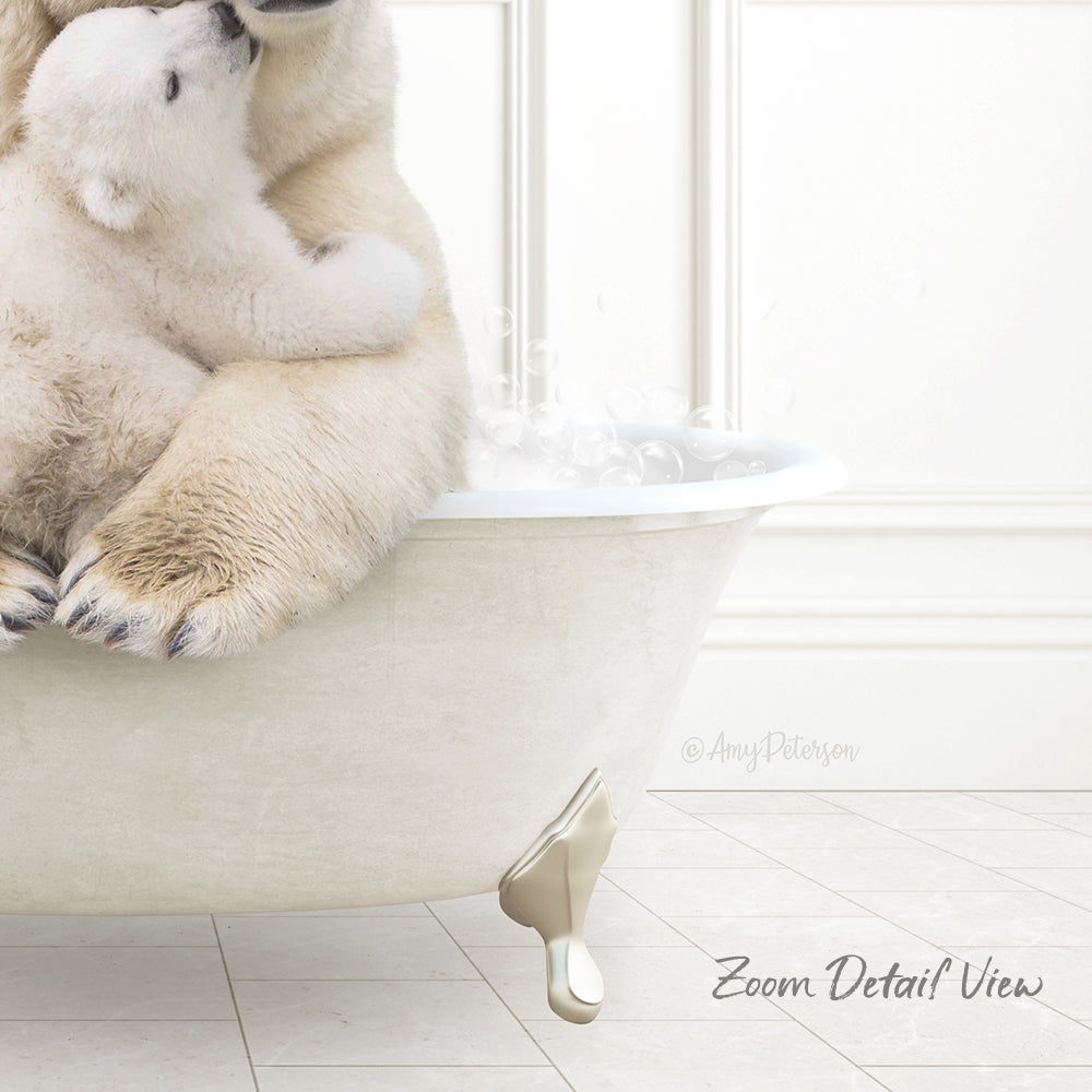 A polar bear cub sitting in a white bathtub, with bubbles rising from the water, creating a playful and whimsical scene.