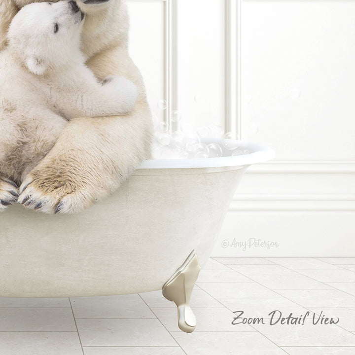 A polar bear cub sitting in a white bathtub, with bubbles rising from the water, creating a playful and whimsical scene.