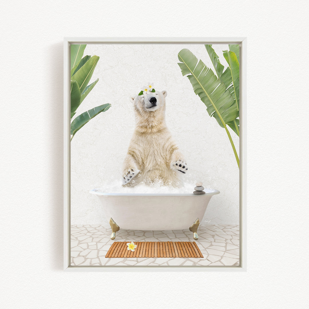 A polar bear sitting in a bathtub filled with bubbles, surrounded by tropical plants and a wooden mat on the floor.