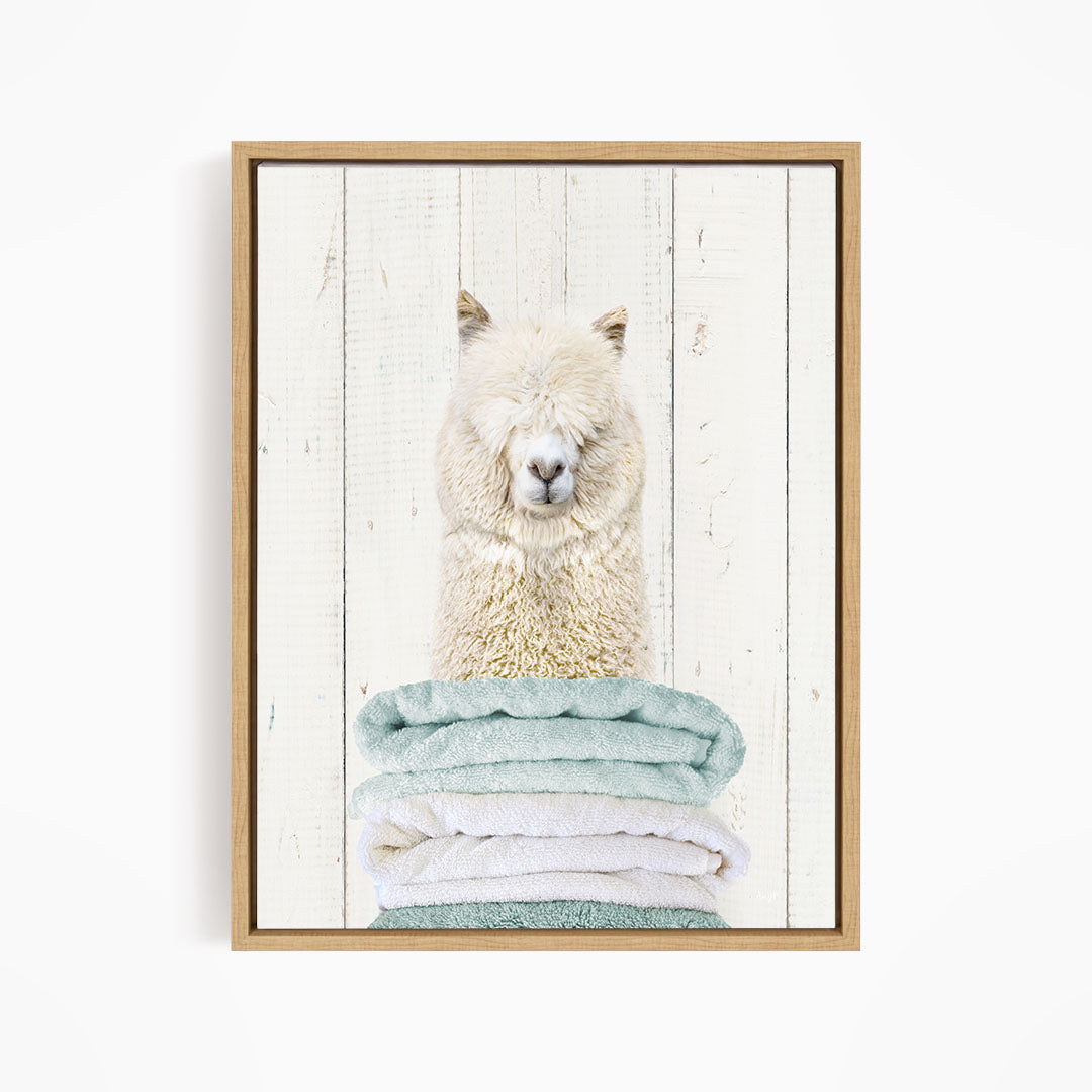 A fluffy white alpaca sits atop a stack of light blue and white towels, creating a cozy and inviting scene.
