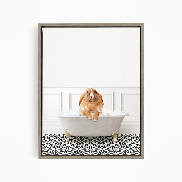 A brown rabbit sitting in a white bathtub filled with water, surrounded by a black and white patterned floor.