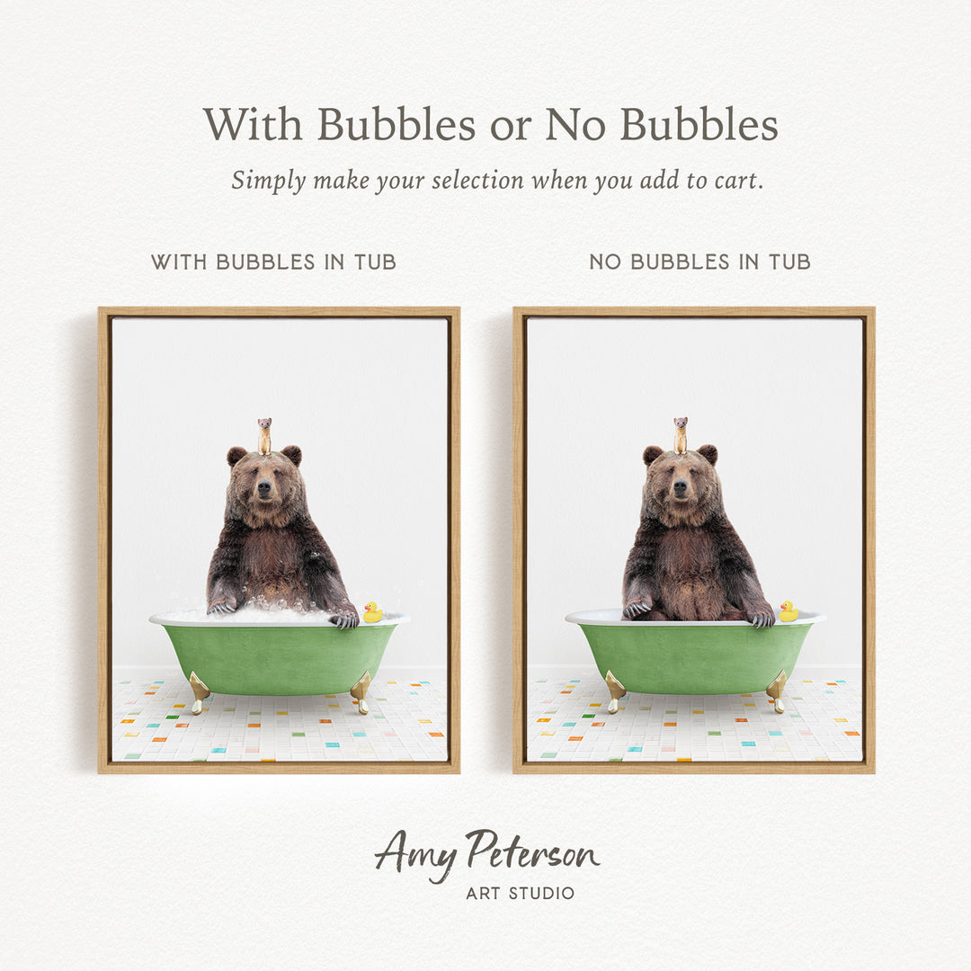a bear sitting in a green bathtub with bubbles, and the bear is accompanied by a rubber duck.