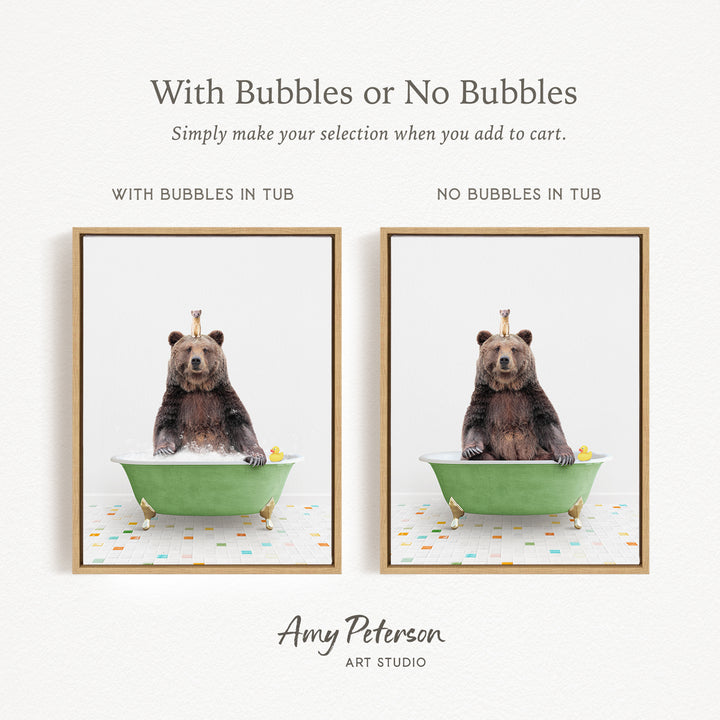 a bear sitting in a green bathtub with bubbles, and the bear is accompanied by a rubber duck.
