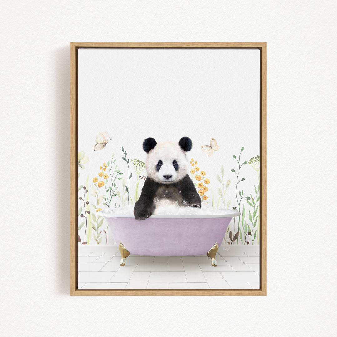 A panda bear sitting in a bathtub filled with bubbles, surrounded by flowers and butterflies.