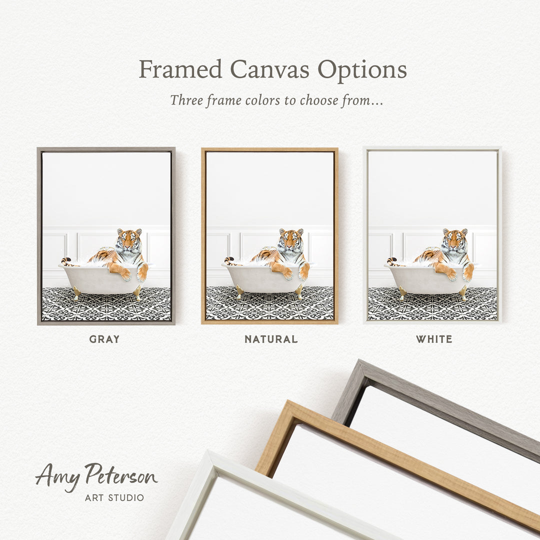 three framed canvas options, each featuring a tiger sitting in a bathtub. The options include a gray frame, a natural frame, and a white frame.