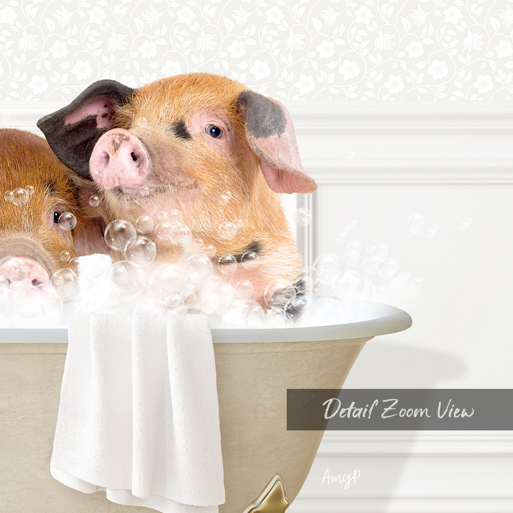 A pair of adorable pigs enjoying a relaxing bath in a white bathtub, surrounded by bubbles.