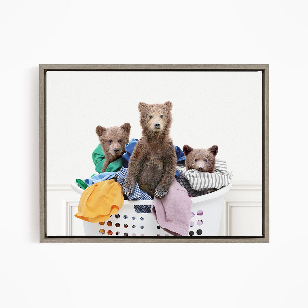 Three Bear Cubs in Laundry Basket - Simple White Wall