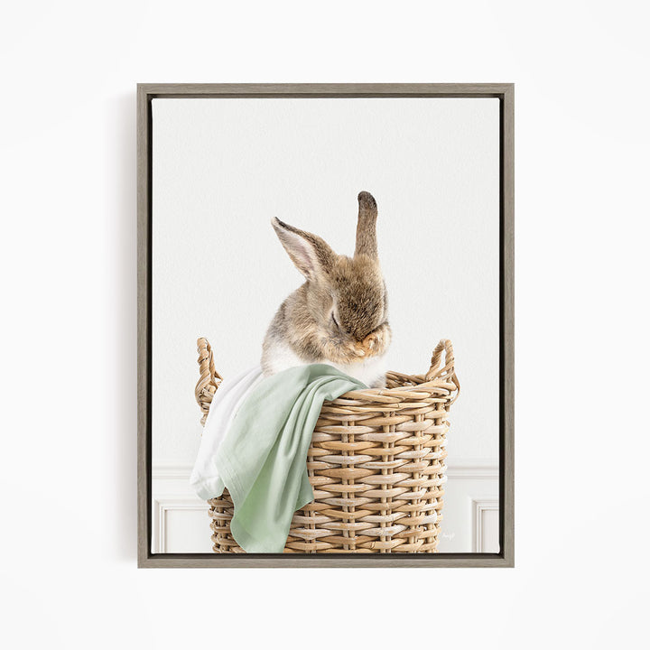Bashful Bunny in Laundry Basket - Simple White Wall