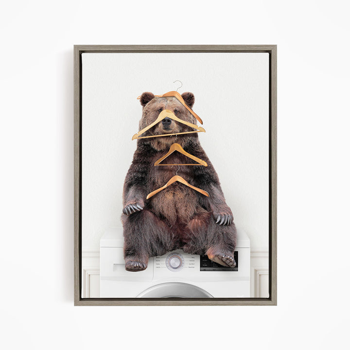 Bear Wearing Clothes Hangers on Washing Machine - Simple White Wall
