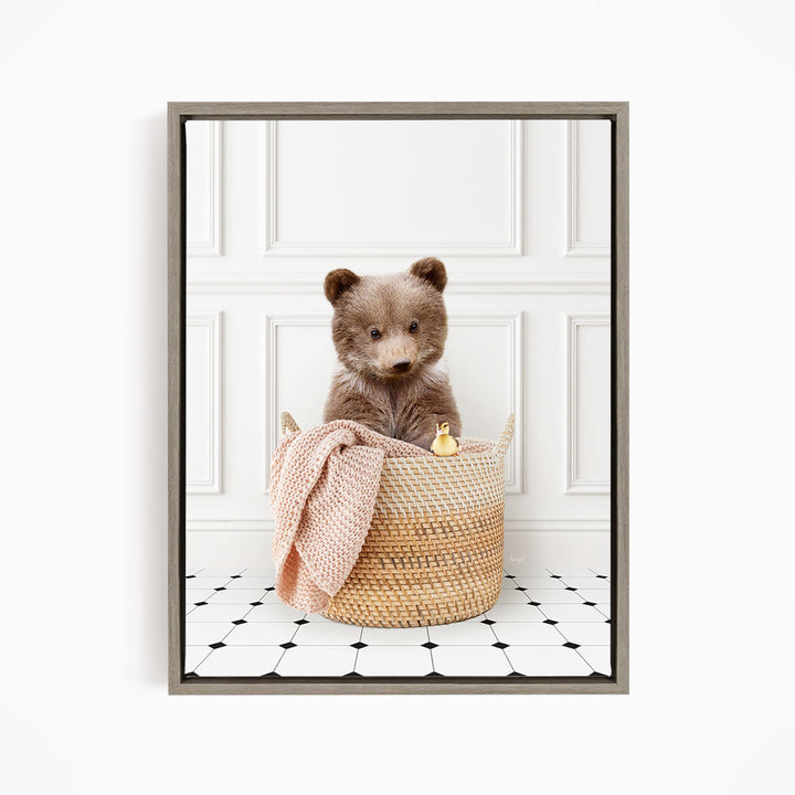 Bear Cub in Laundry Basket - Classic White Floor