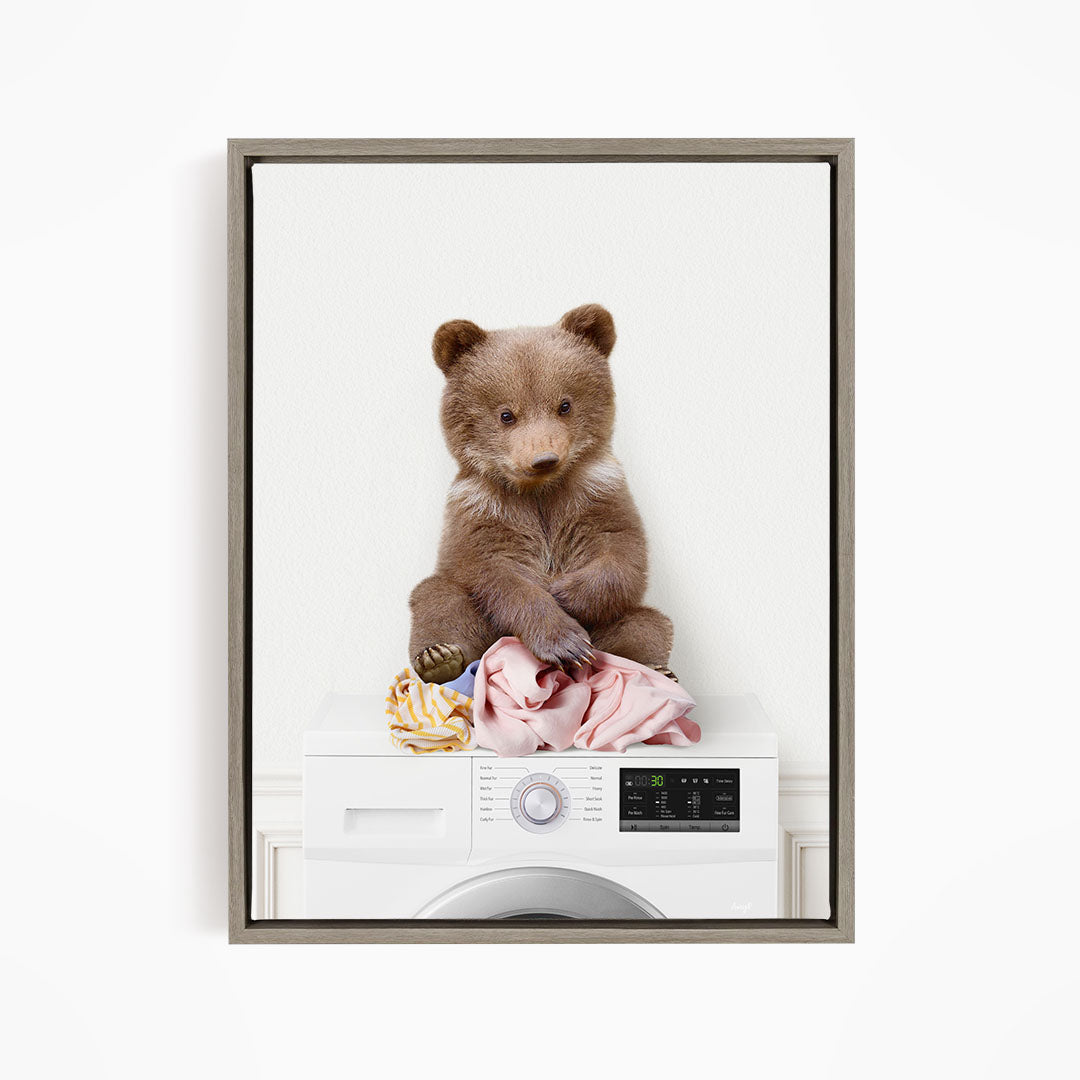 Bear Cub on Laundry Clothes Pile On Washing Machine - Simple White Wall