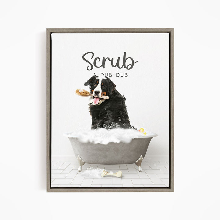 Bernese Mountain Dog Scrub A-Dub-Dub in Simple Gray Bath