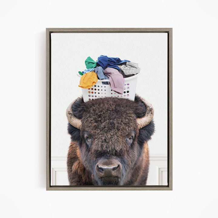 Bison with Laundry Basket - Simple White Wall
