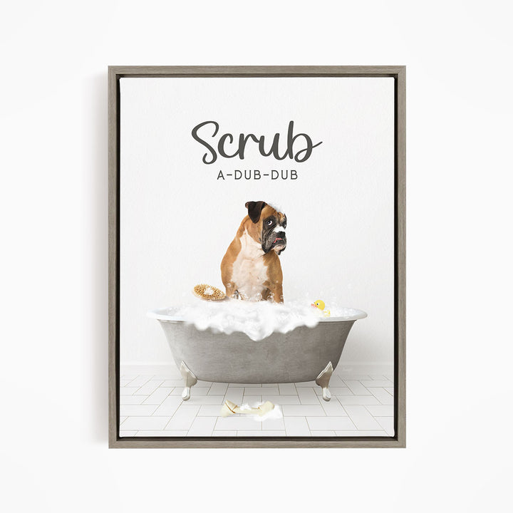 German Boxer Scrub A-Dub-Dub in Simple Gray Bath