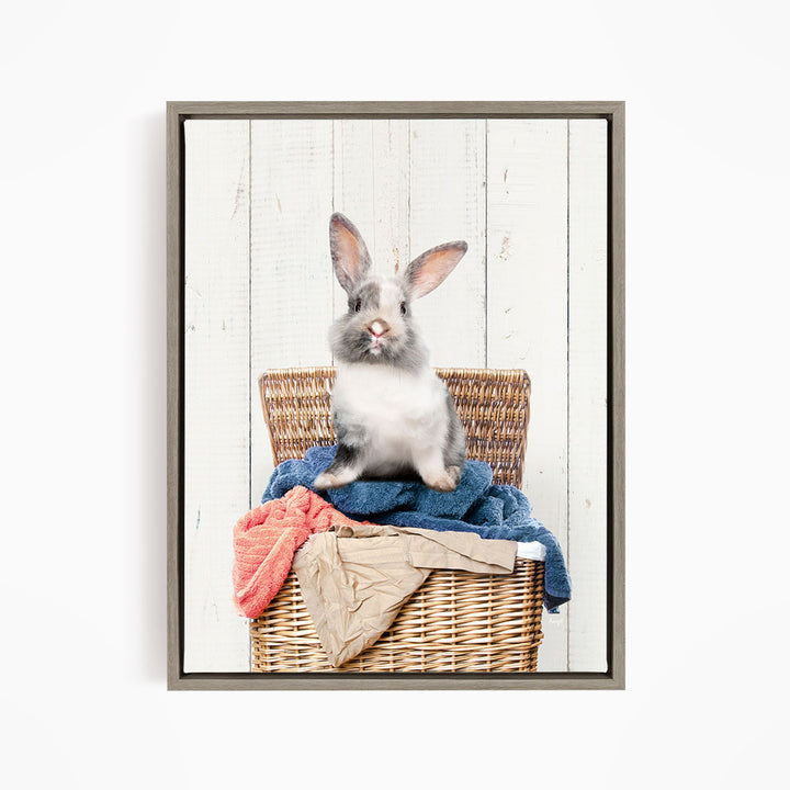 Gray and White Bunny in Laundry Basket - Farmhouse Wall