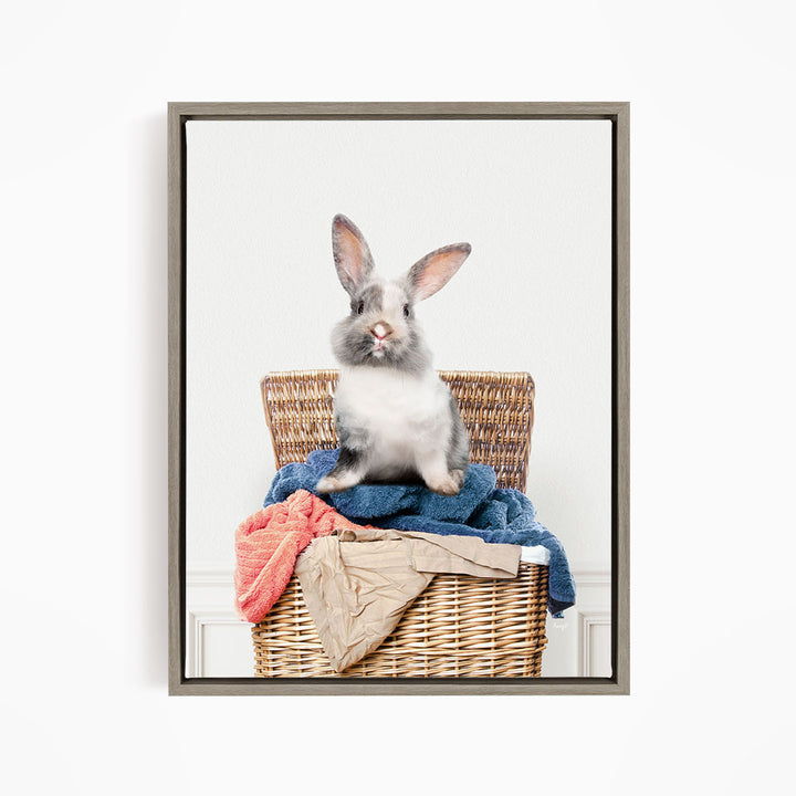 Gray and White Bunny in Laundry Basket - Simple White Wall