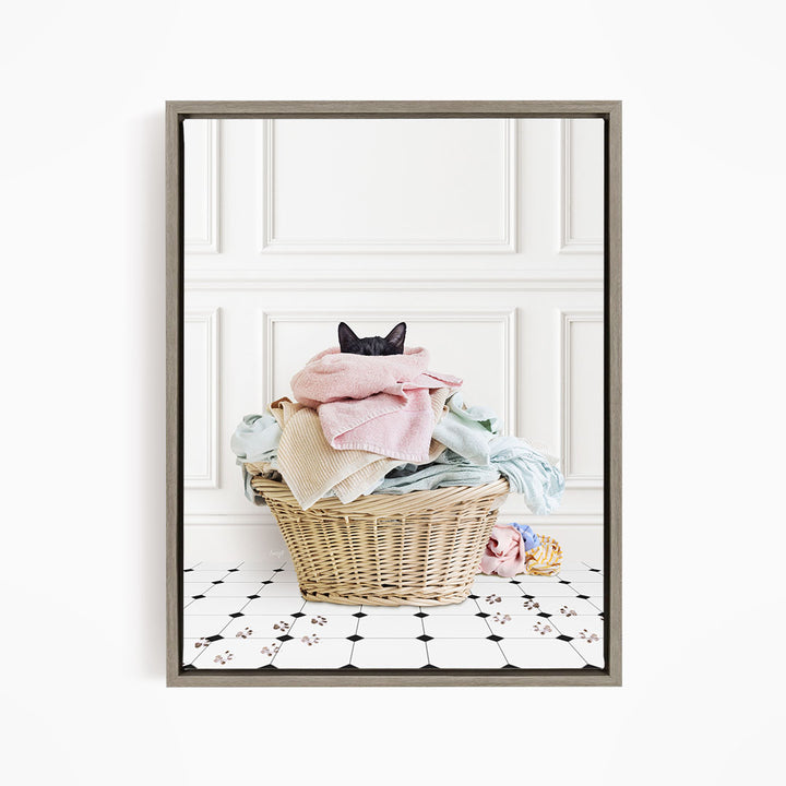 Dirty Kitty in Laundry Basket - Classic White Floor
