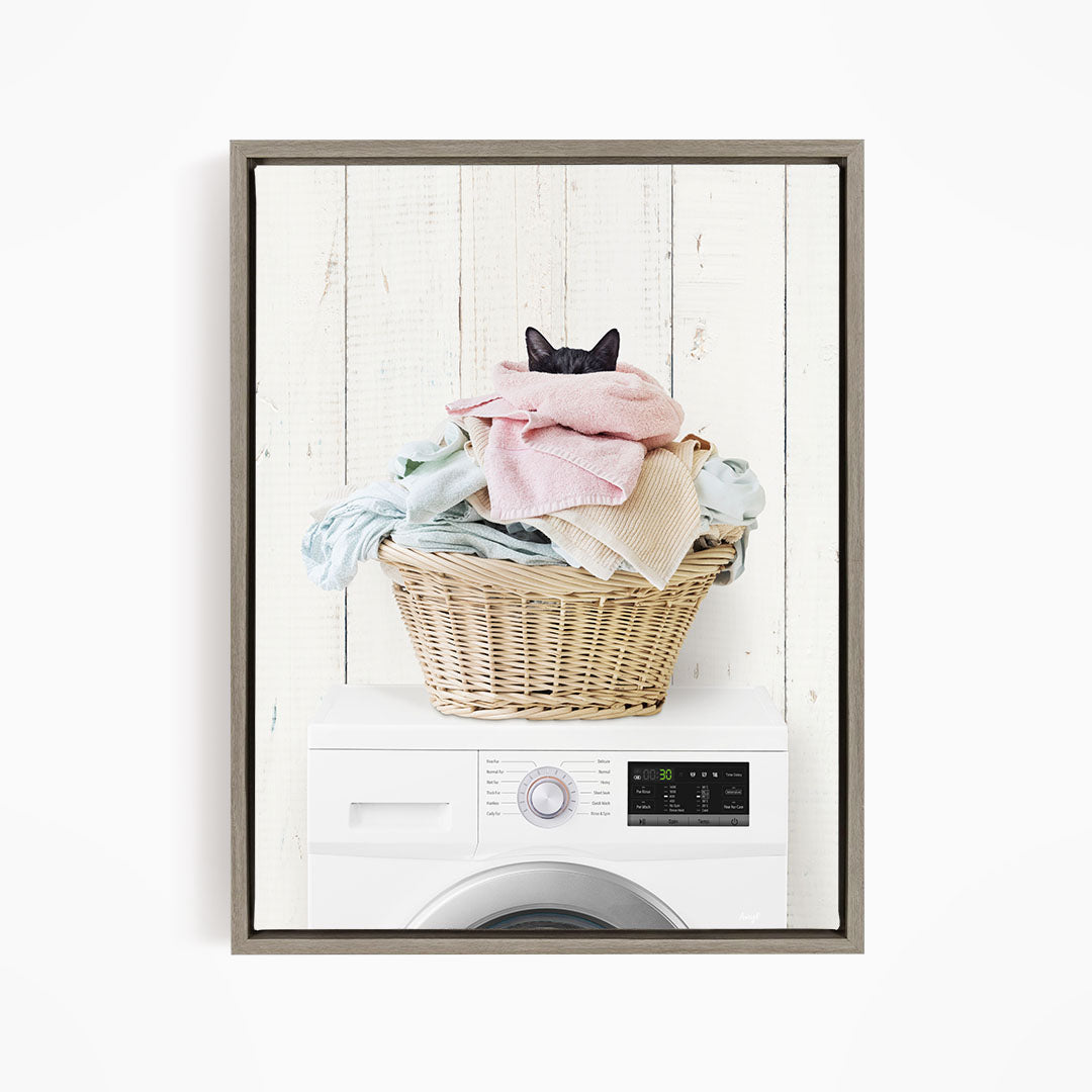 Dirty Kitty Cat in Laundry Basket on Washing Machine - Farmhouse Wall