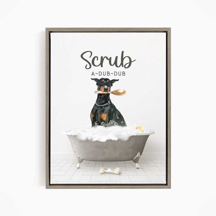 Doberman Pinscher Scrub A-Dub-Dub in Simple Gray Bath