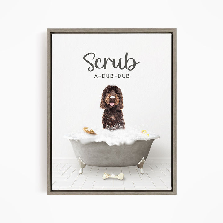 Chocolate Labradoodle Scrub A-Dub-Dub in Simple Gray Bath