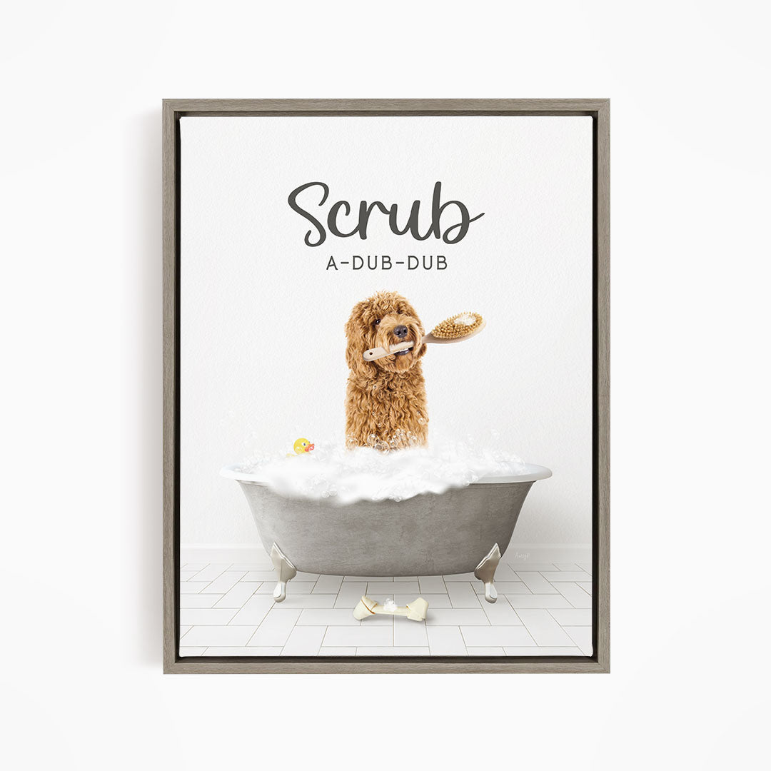 Golden Labradoodle Scrub A-Dub-Dub in Simple Gray Bath