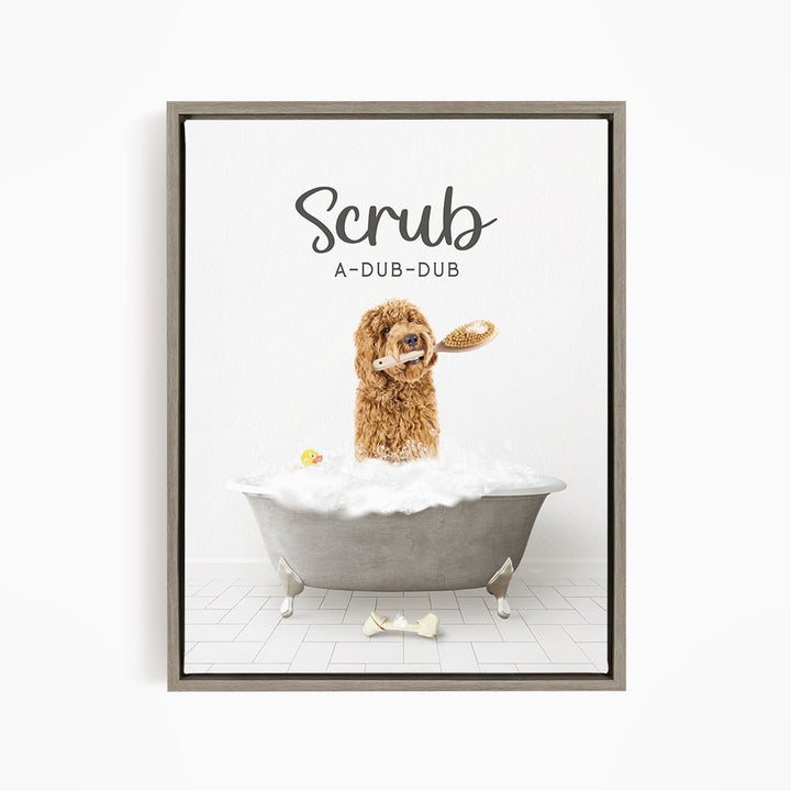 Golden Labradoodle Scrub A-Dub-Dub in Simple Gray Bath