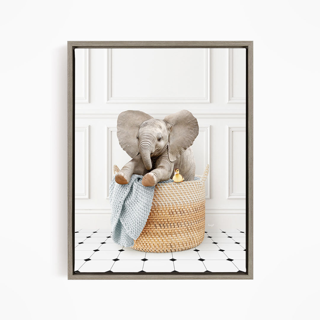 Baby Elephant in Laundry Basket - Classic White Floor