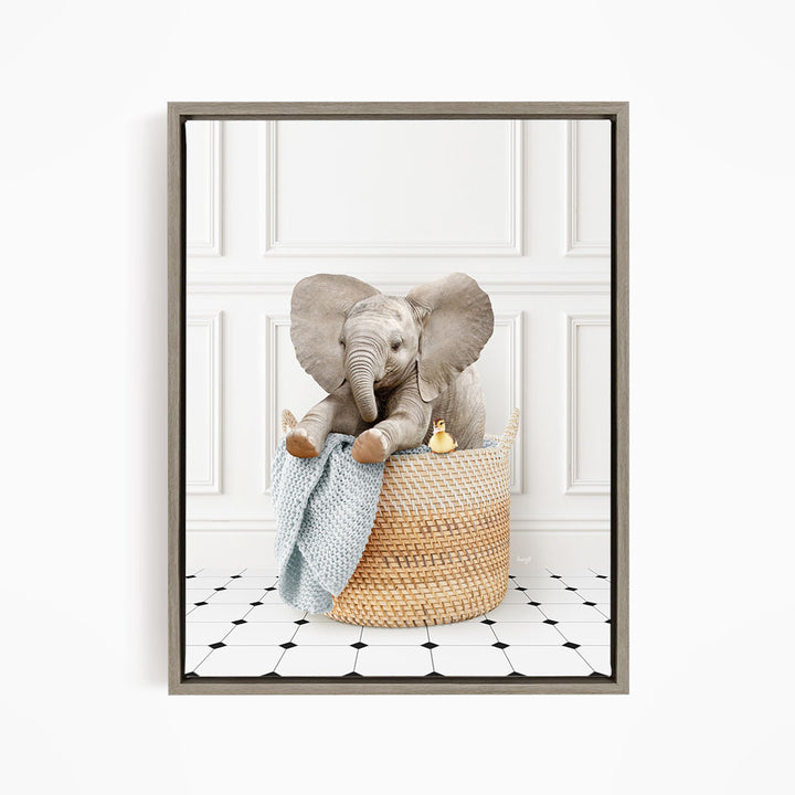 Baby Elephant in Laundry Basket - Classic White Floor