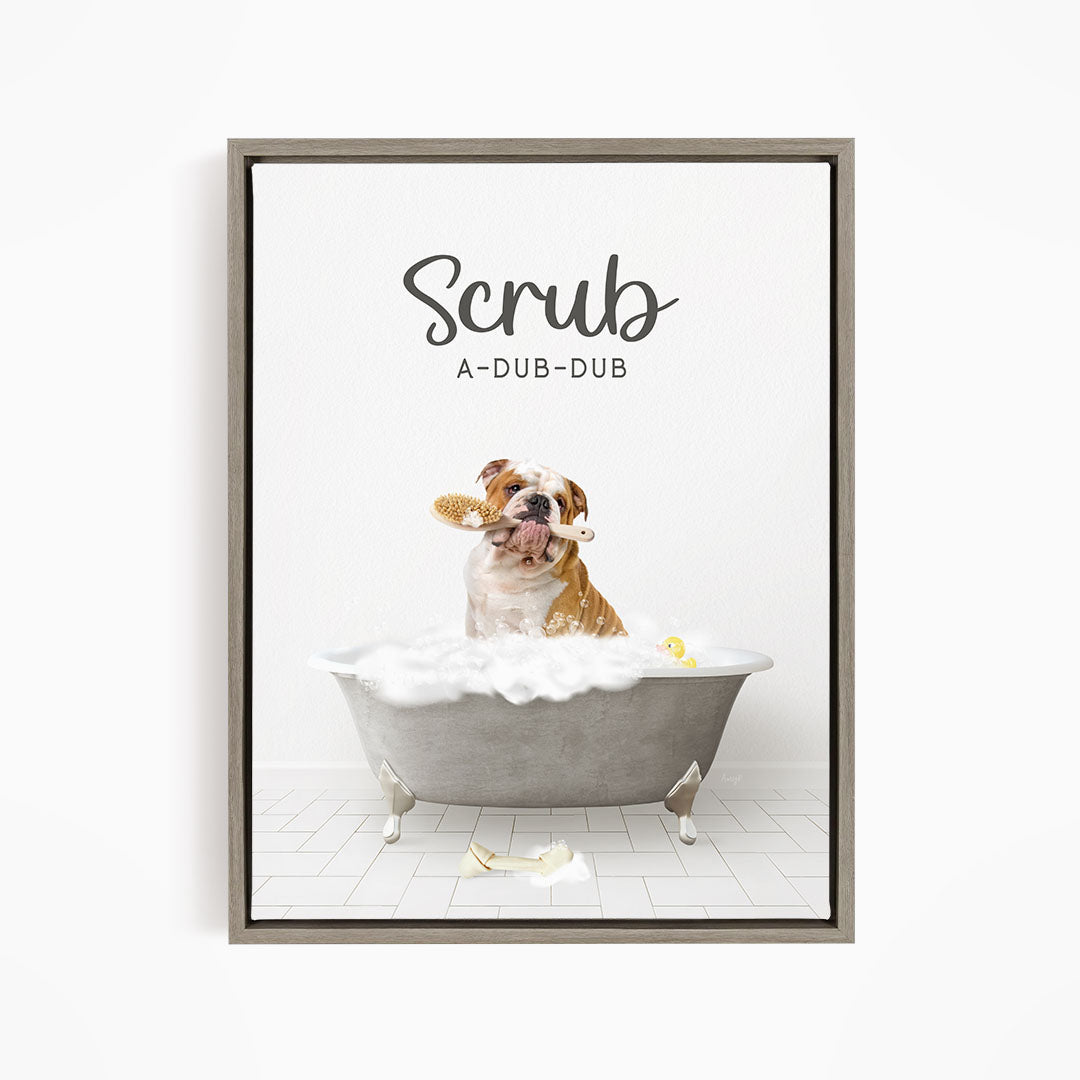 English Bulldog Scrub A-Dub-Dub in Simple Gray Bath