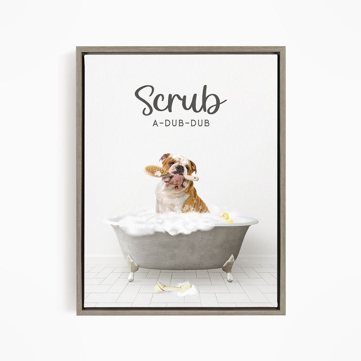 English Bulldog Scrub A-Dub-Dub in Simple Gray Bath