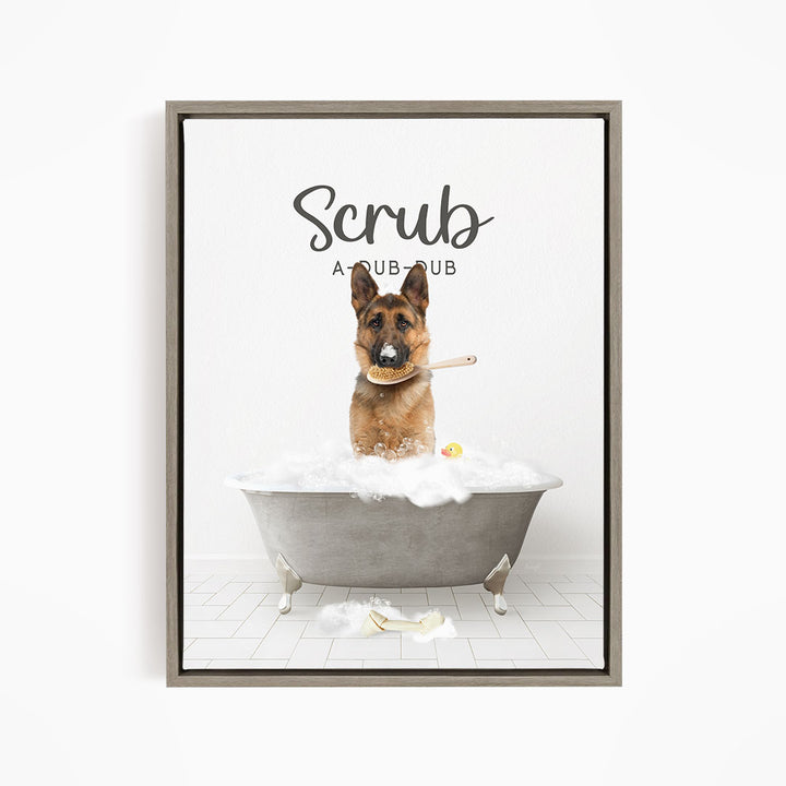 German Shepherd Scrub A-Dub-Dub in Simple Gray Bath