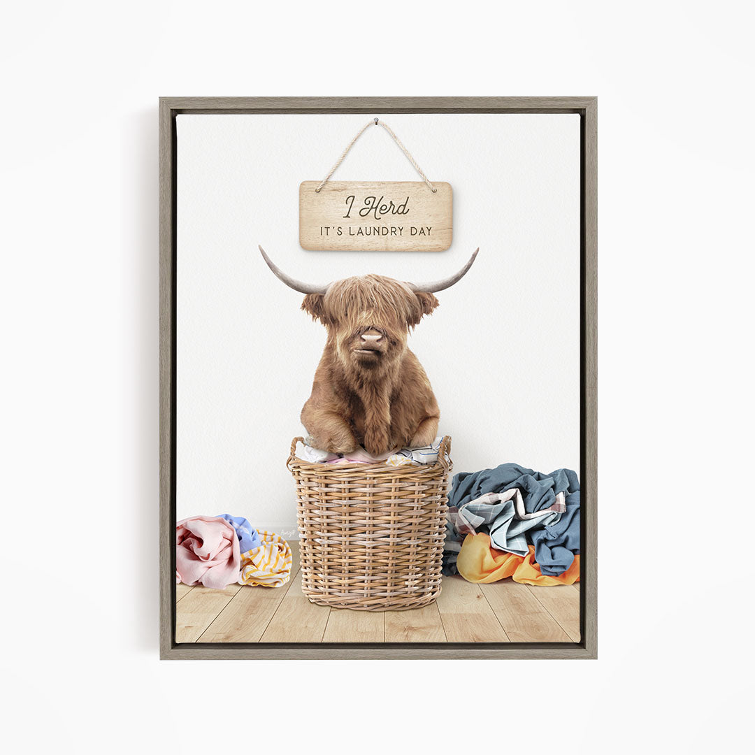Highland Cow on Laundry Basket with Clothes Pile - Scandi Floor