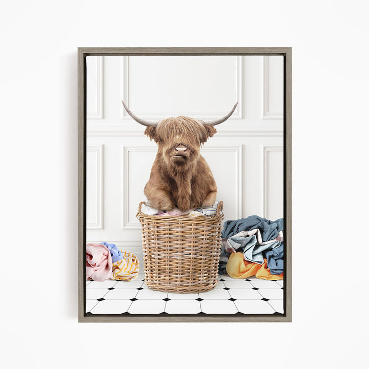 Highland Cow on Laundry Basket with Piles of Clothes - Classic White Floor
