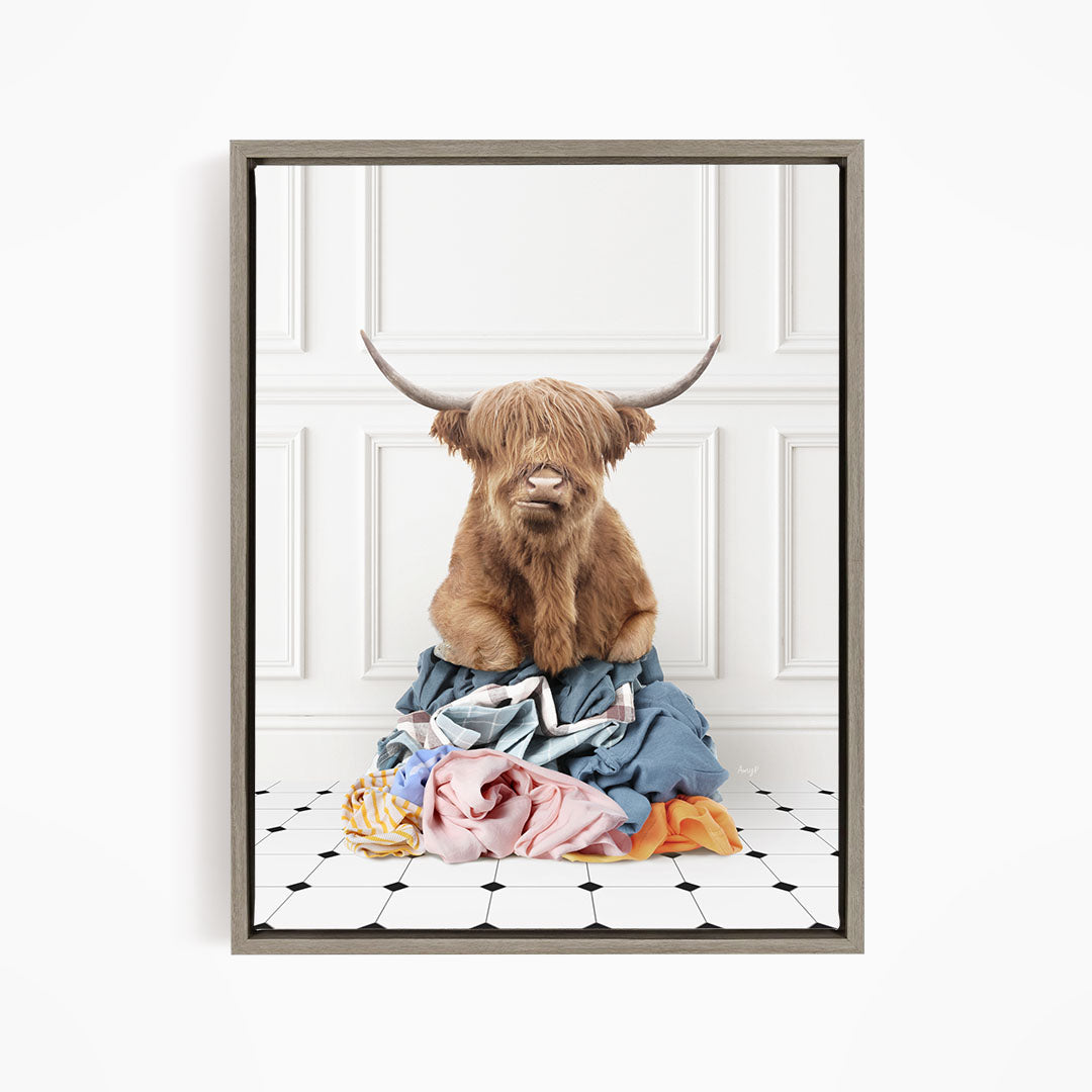Highland Cow on Laundry Clothes Pile - Classic White Floor