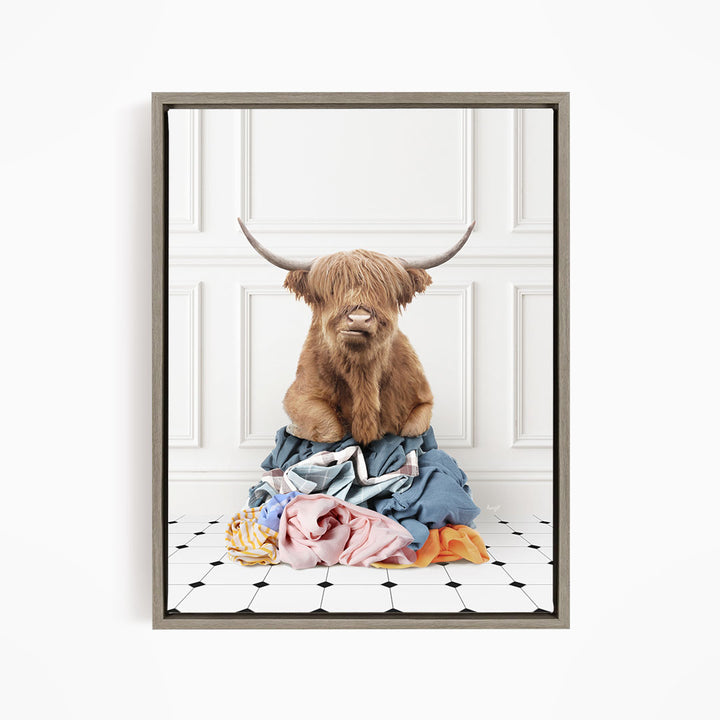Highland Cow on Laundry Clothes Pile - Classic White Floor