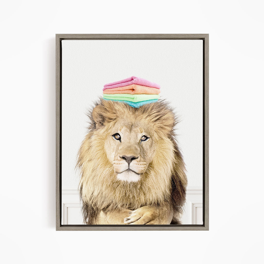Lion with Folded Towels - Simple White Wall