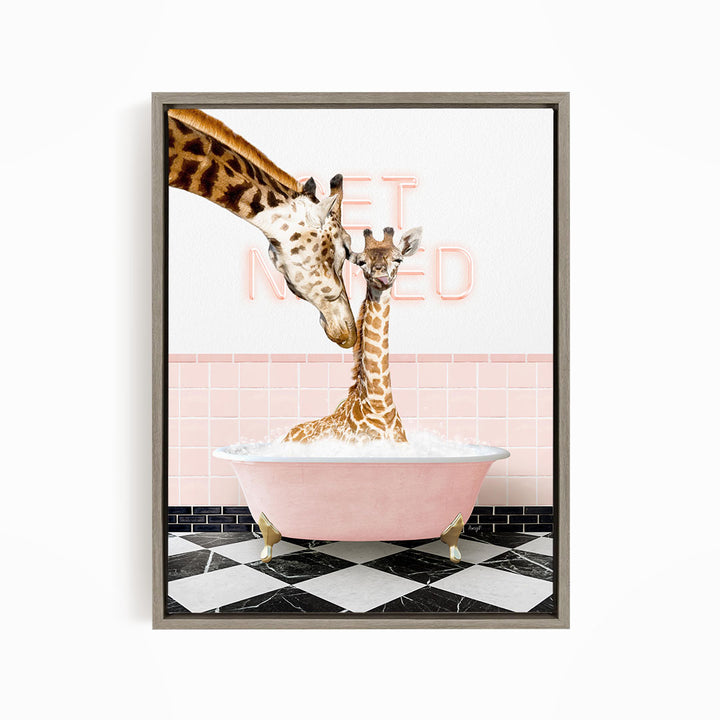 Mother and Baby Giraffe in Pink Get Naked Bath