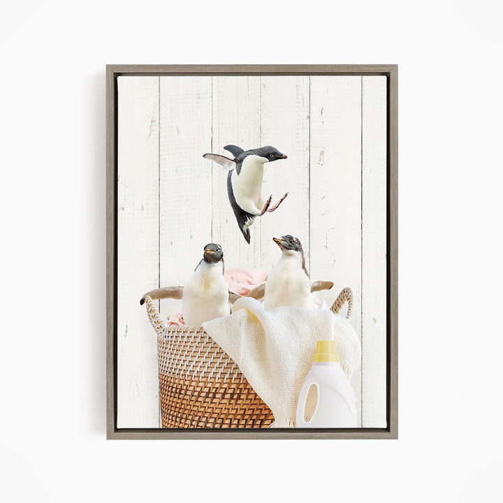 Penguins in Laundry Basket - Farmhouse Wall