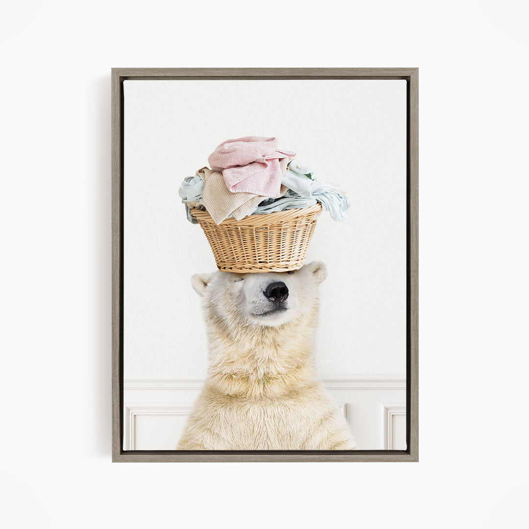 Polar Bear Balancing Laundry Basket - Simple White Wall
