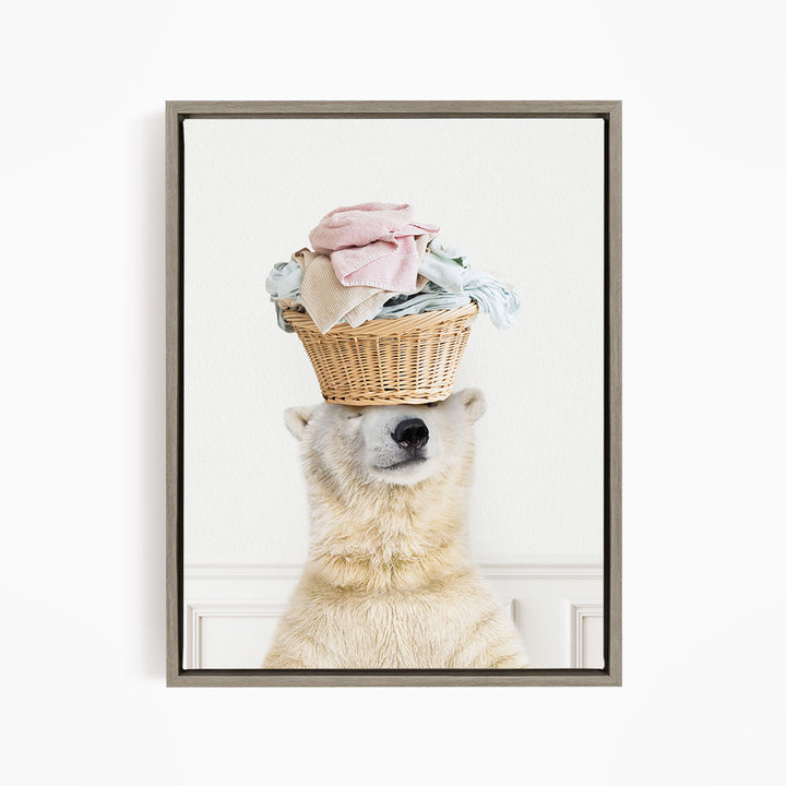 Polar Bear Balancing Laundry Basket - Simple White Wall